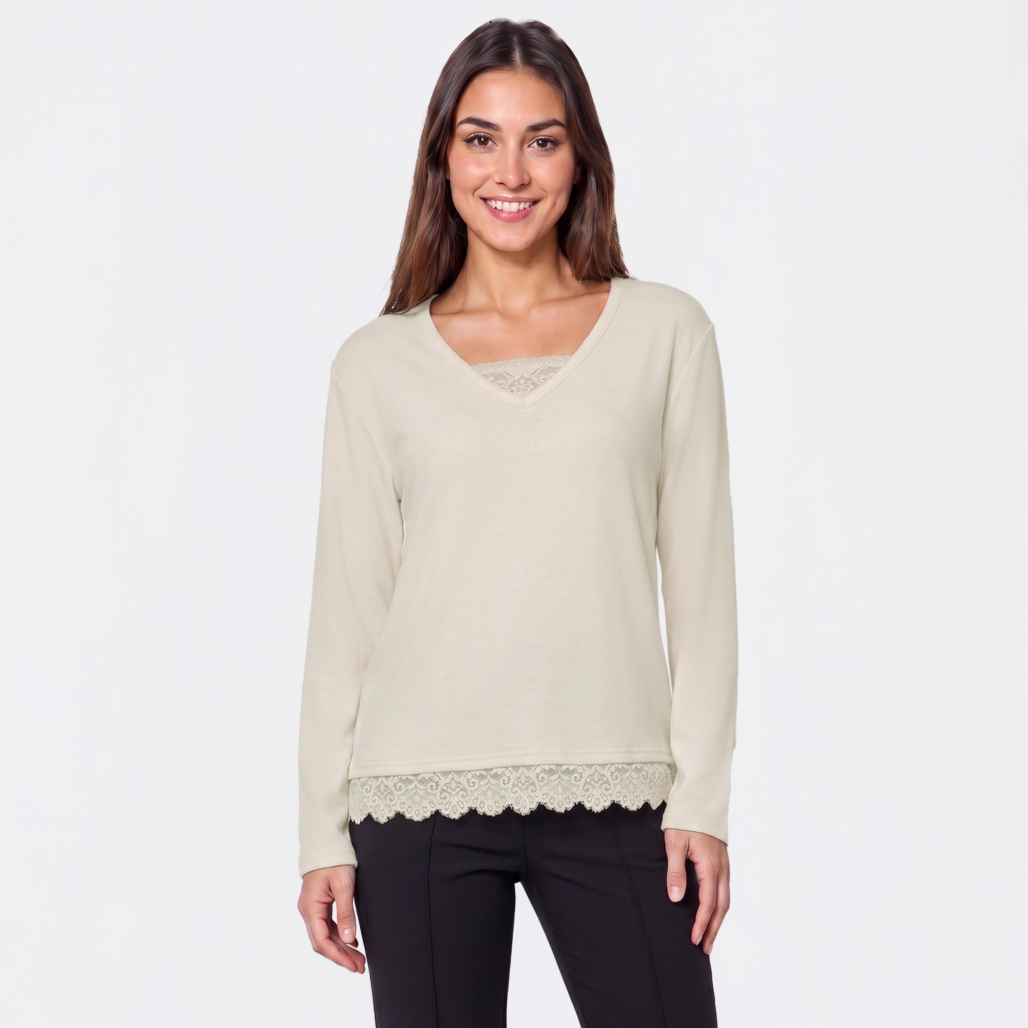 Womens New York Laundry Long Sleeve Solid Lace Trim Sweater