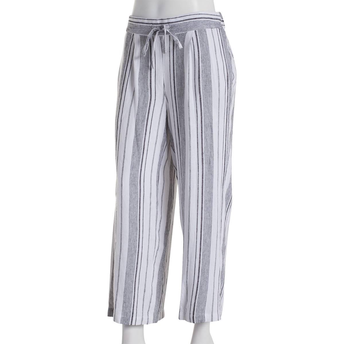 Womens Per Se Stripe Linen Cropped Wide Leg Pants-White...