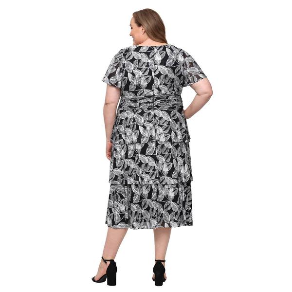 Plus Size SLNY Flutter Sleeve Foil Leaf Tier Midi Dress