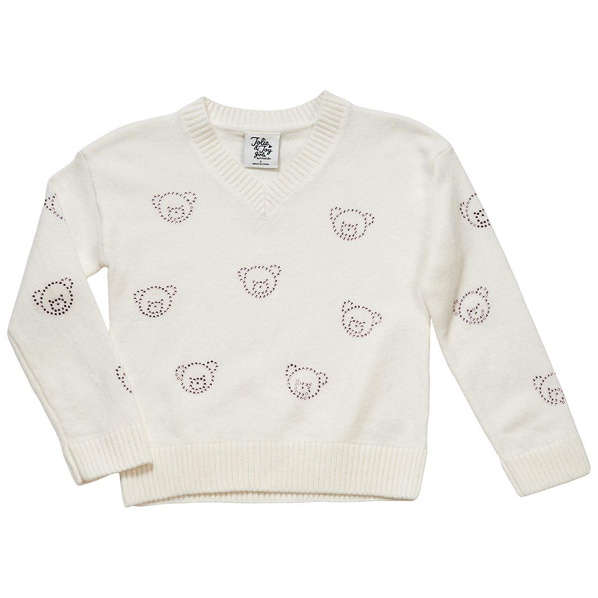 Girls (4-6x) Jolie & Joy Teddy Bear Rhinestone V-Neck Sweater
