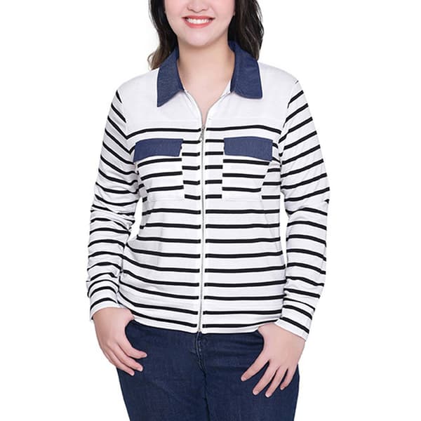 Womens NY Collection Zip Front Striped French Terry Jacket