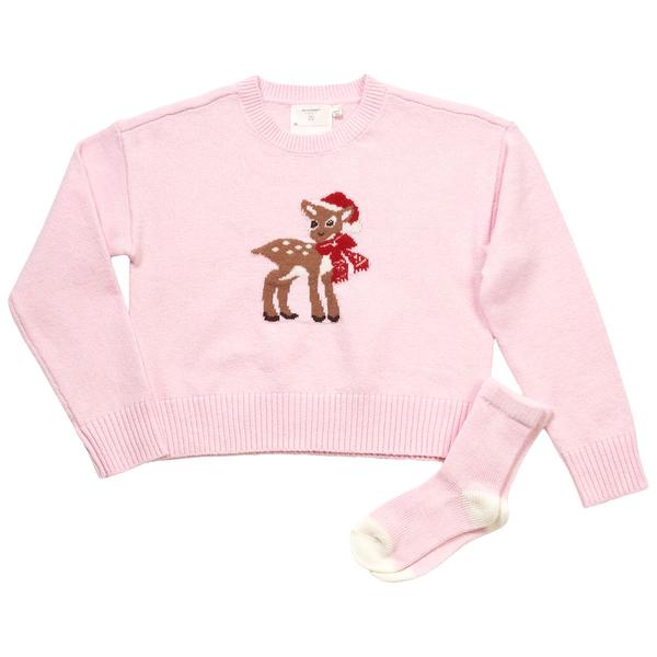 Girls (7-16) No Comment Christmas Deer Sweater w/ Socks - image 