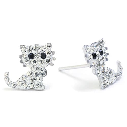 Sterling Silver & White Crystal Cat Stud Earrings - image 