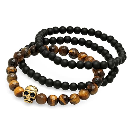 Mens Set of 3 Black Lava & Tiger Eye Bracelet