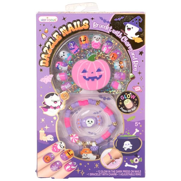 Girls Hot Focus&#40;R&#41; Halloween Dazzle Press on Nails Bracelet & Ring - image 
