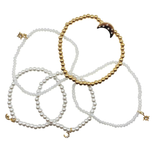 Ashley Gold-Tone White Acrylic Pearl Moon Stretch Bracelet Set - image 