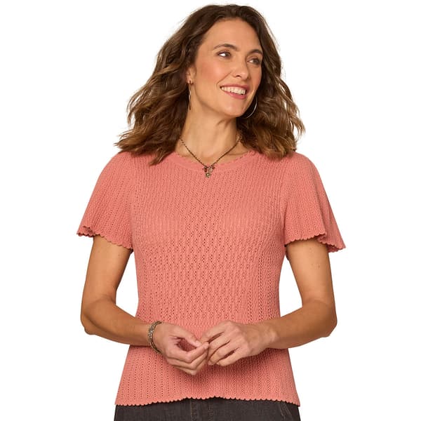 Womens Democracy Flounce Short Sleeve Round Neck Crochet Sweater