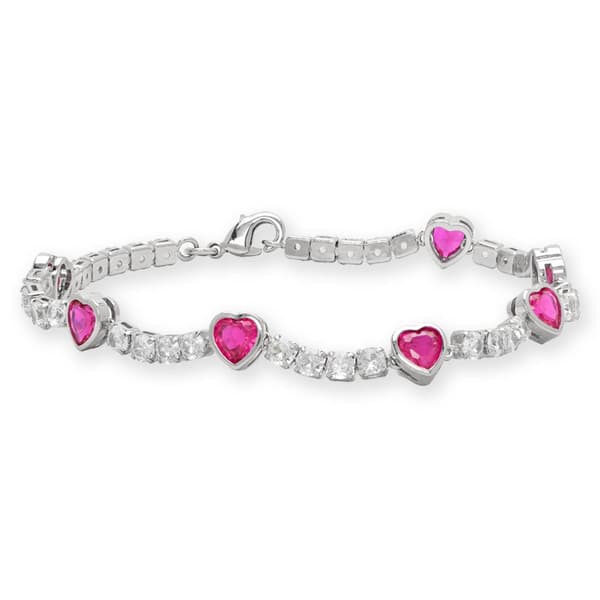 Silver Plated Lab Ruby Heart Bezel Tennis Lay Down Bracelet - image 