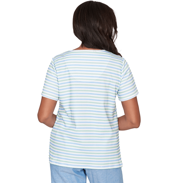 Womens Alfred Dunner Caribbean Blues Stripe Floral Embroidery Tee