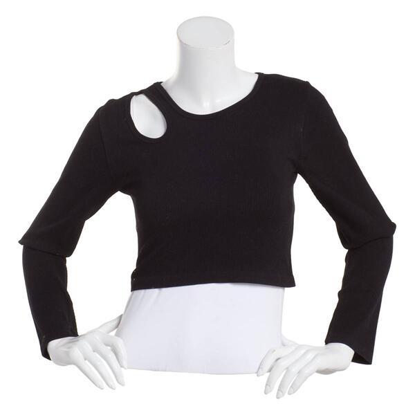 Juniors Poof! Long Sleeve Seamless Rib Shoulder Cut Out Crew Top - image 