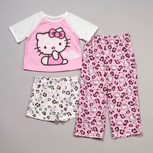 Girls (4-6x) Hello Kitty 3pc. Tee w/ Shorts & Pants Pajama Set - image 