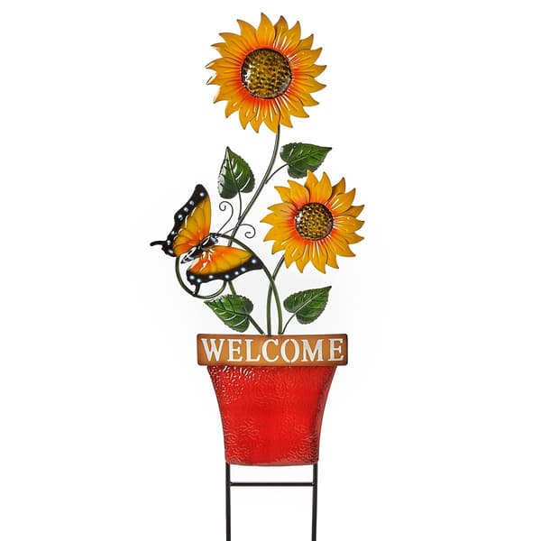 Metal Potted Sunflowers & Butterfly Yard Art Stake - image 