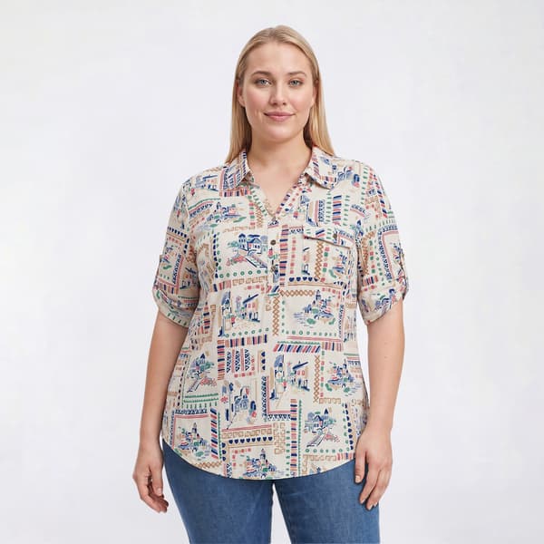 Plus Size Emily Daniels Elbow Sleeve Scenic Patchwork Blouse - image 