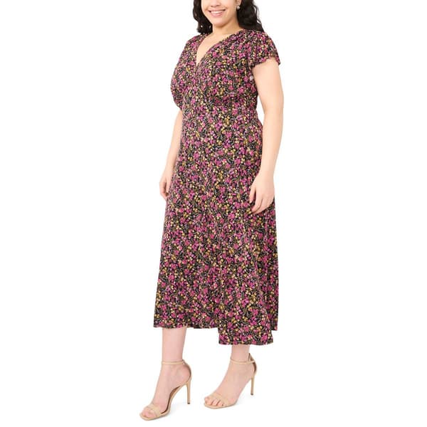 Plus Size MSK Flutter Cap Sleeve V Neck Ditsy Floral Midi Dress