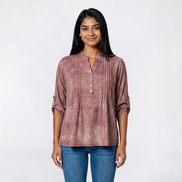 Petite Notations 3/4 Tab Sleeve Jacquard Pleat Henley Blouse - image 
