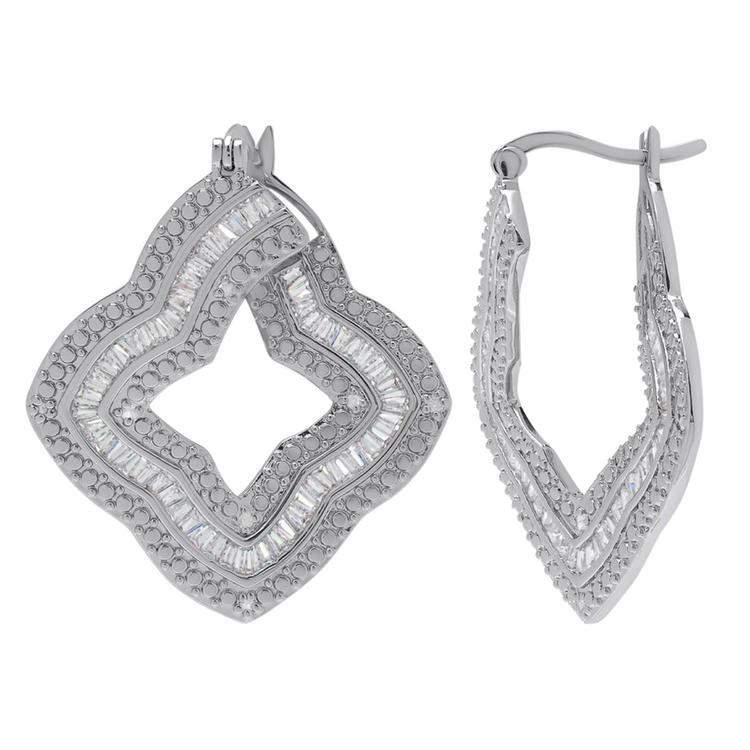 Gianni Argento Silver Plated Diamond Clover Hoop Earrings