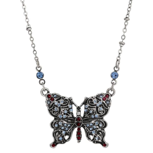 1928 Antiqued Silver-Tone Purple & Blue Butterfly Pendant - image 