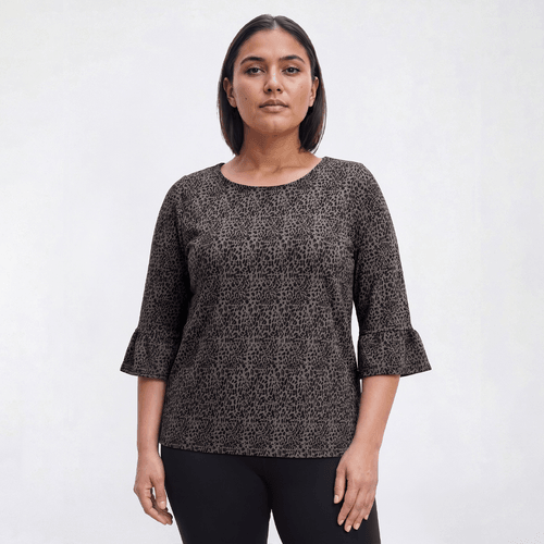 Plus Size Notations 3/4 Ruffle Sleeve Animal Hacci Blouse