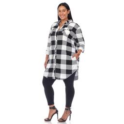 Plus Size White Mark Long Sleeve Roll Cuff Plaid Shirt Dress