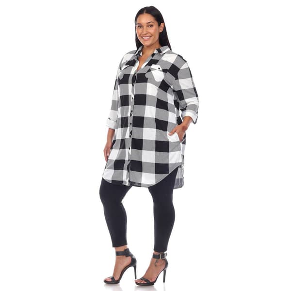 Plus Size White Mark Long Sleeve Roll Cuff Plaid Shirt Dress