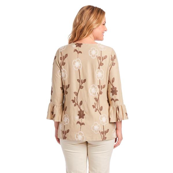 Plus Size Notations 3/4 Ruffle Sleeve Floral Embroidery Blouse
