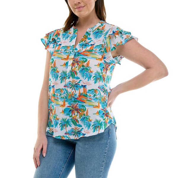 Womens Zac & Rachel Flutter Sleeve Beach Scenic Crepe Blouse