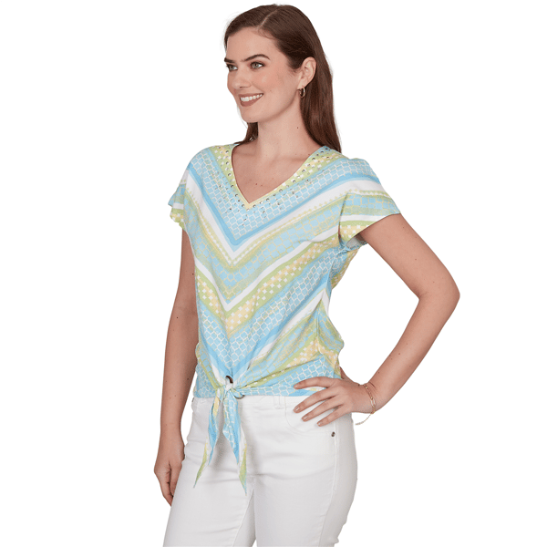 Womens Hearts of Palm Aqua Fresh Tie Front Chevron Blouse
