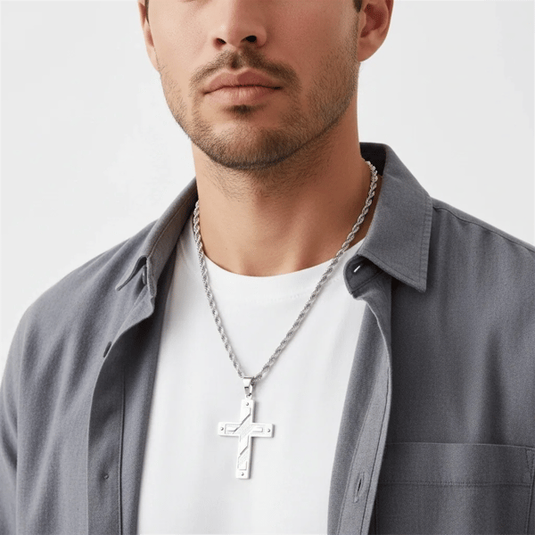 Mens Iron Saints Stainless Steel Polished Cross Pendant Necklace