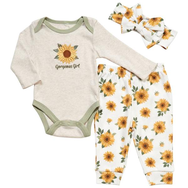 Baby Girl (NB-9M) Chick Pea 3pc. Sunflower Bodysuit & Pants Set - image 