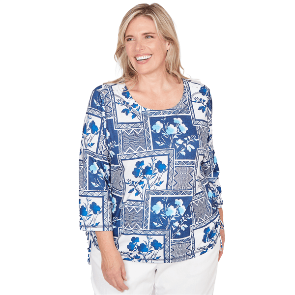Plus Size Alfred Dunner Mykonos Floral Ruched Side Tie Blouse - image 