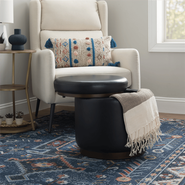 Linon Home Decor Blanche Storage Black Faux Leather Ottoman
