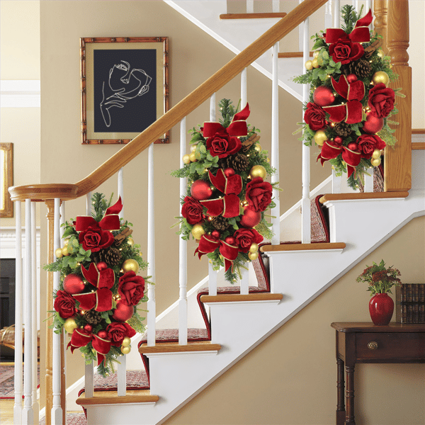 Puleo International Pre-Lit Adorned Red & Gold Banister Swag