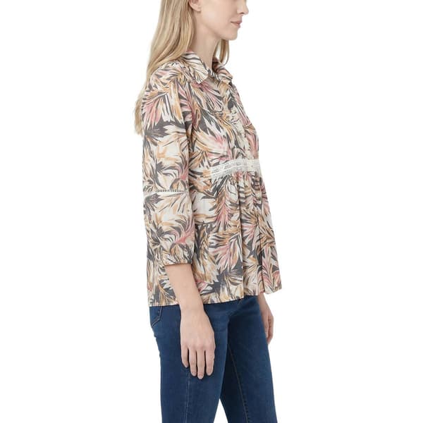 Womens NY Collection 3/4 Sleeve Tropical Leaf Button Front Blouse