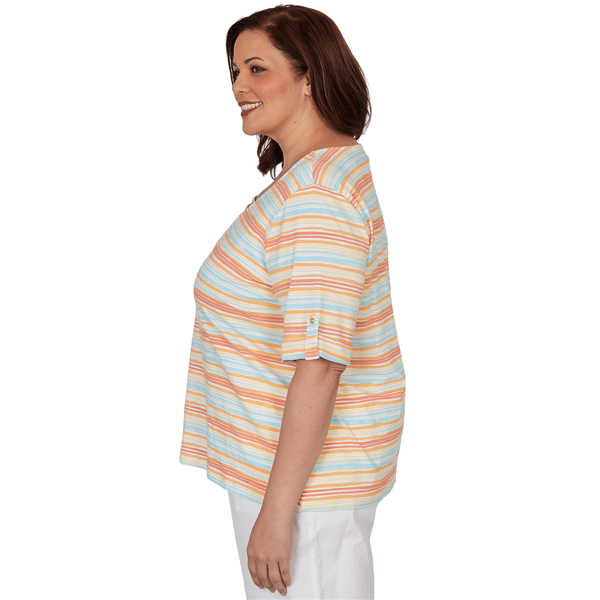 Plus Size Hearts of Palm Fun in the Sun Roll Tab Stripe Blouse