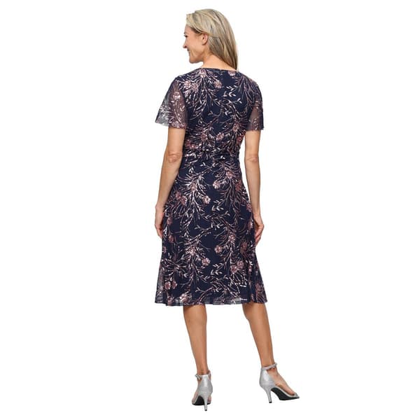 Petite SLNY Flutter Sleeve V Neck Sequin Floral A-Line Dress