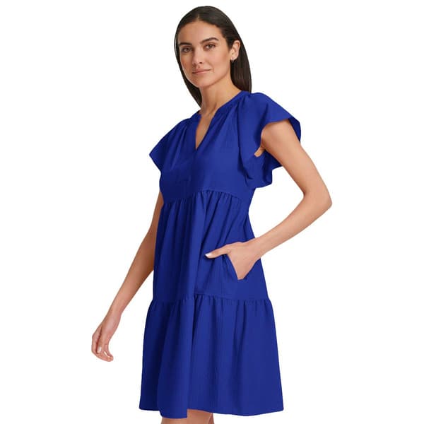 Womens Calvin Klein Short Sleeve Split Neck Tier A-Line Dress