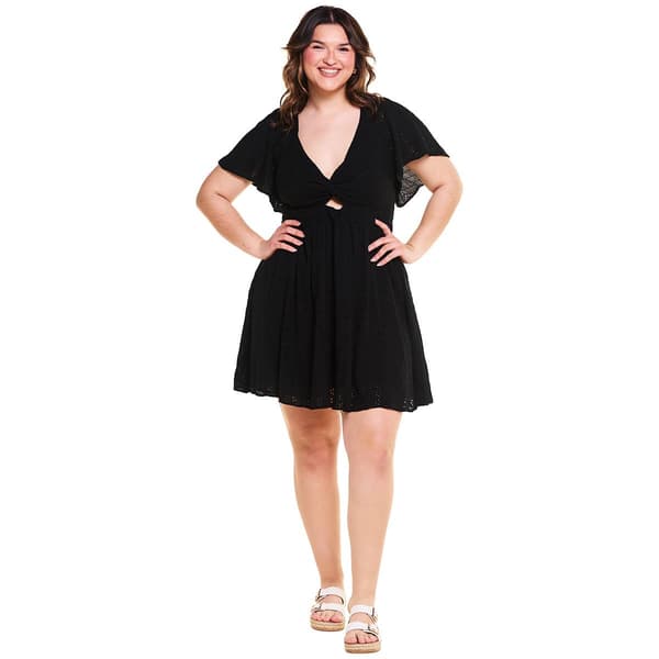 Juniors Plus Angie Solid Twist Front Eyelet A-Line Dress - image 