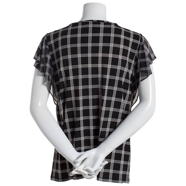 Womens Calvin Klein Checkered Short Flutter Sleeve Knit Blouse