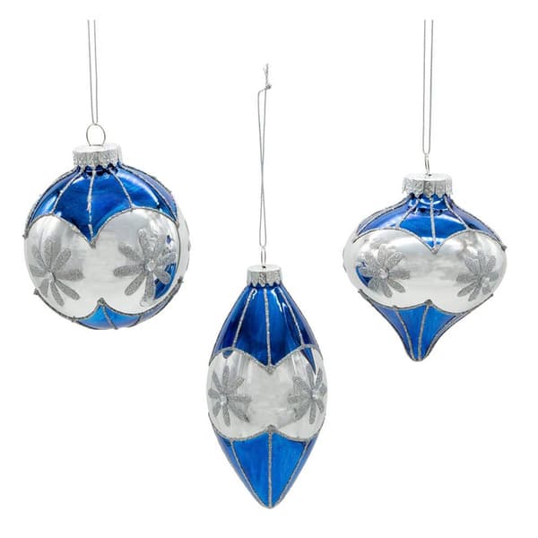 Kurt Adler 80MM Glass Blue Snowflake Ball 3pc. Ornaments Set