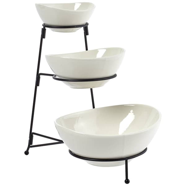 Famous Brand 3 Tier Ceramic Bowl Set w/ Wire Stand - image 