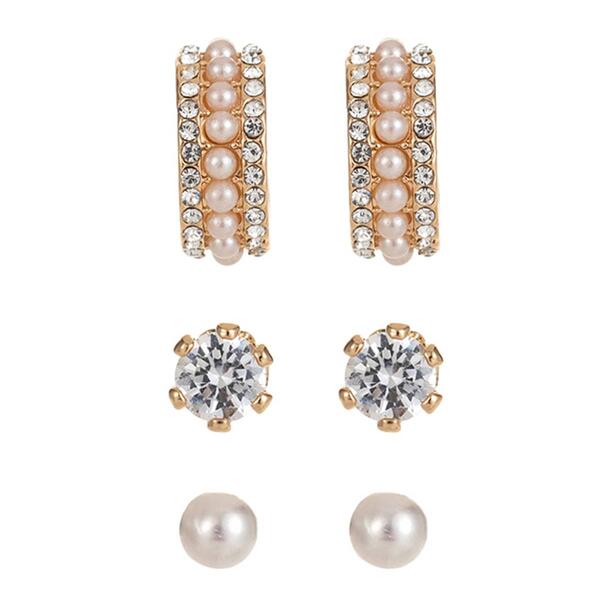 Roman Gold-Tone CZ Stud/12mm Pearl Stud/Pearl Hoop Earrings Set - image 