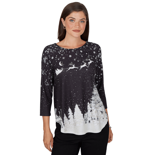 Womens Ruby Rd. Happy Holidays Santa''s Sleigh Scenic Tee - image 
