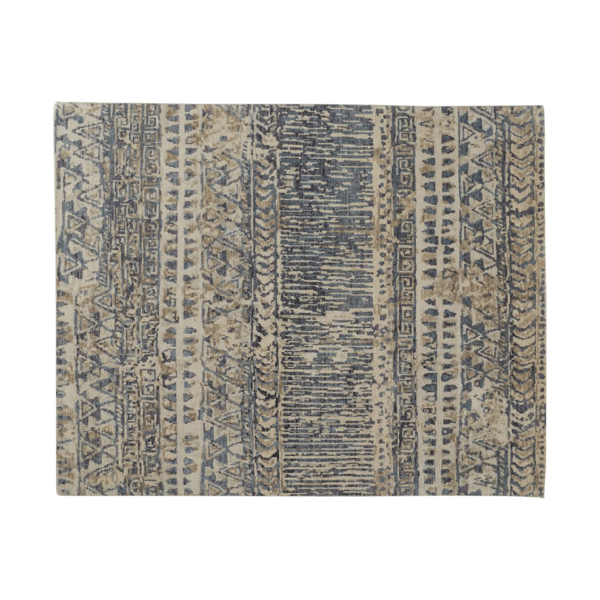 HomeRoots Tan Ivory & Blue Wool Geometric Hand Knotted Accent Rug