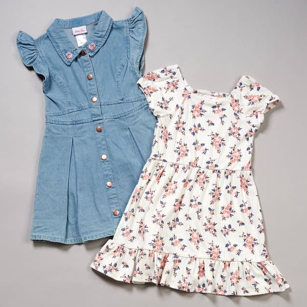 Girls (4-6x) Little Lass(R) 2pk. Denim & Floral Ribbed Dresses