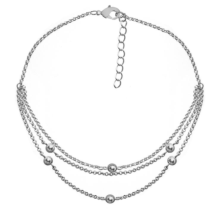 Barefootsies Silver Cubic Zirconia Station Triple Strand Anklet