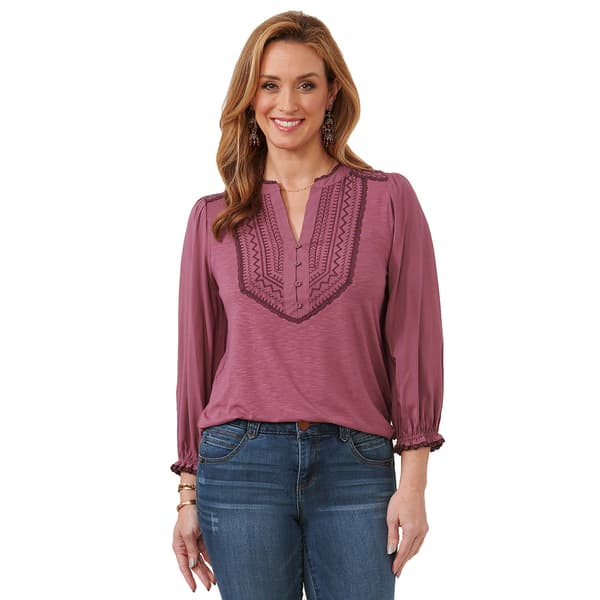 Petite Democracy 3/4 Blouson Sleeve Embroidered Yoke Top - image 