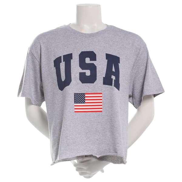 Juniors Hybrid USA Flag Front 76 Back Screen Raw Hem Tee - image 