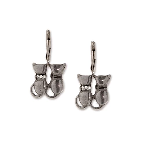 1928 Silver Tone Crystal Double Cat Wire Drop Earrings