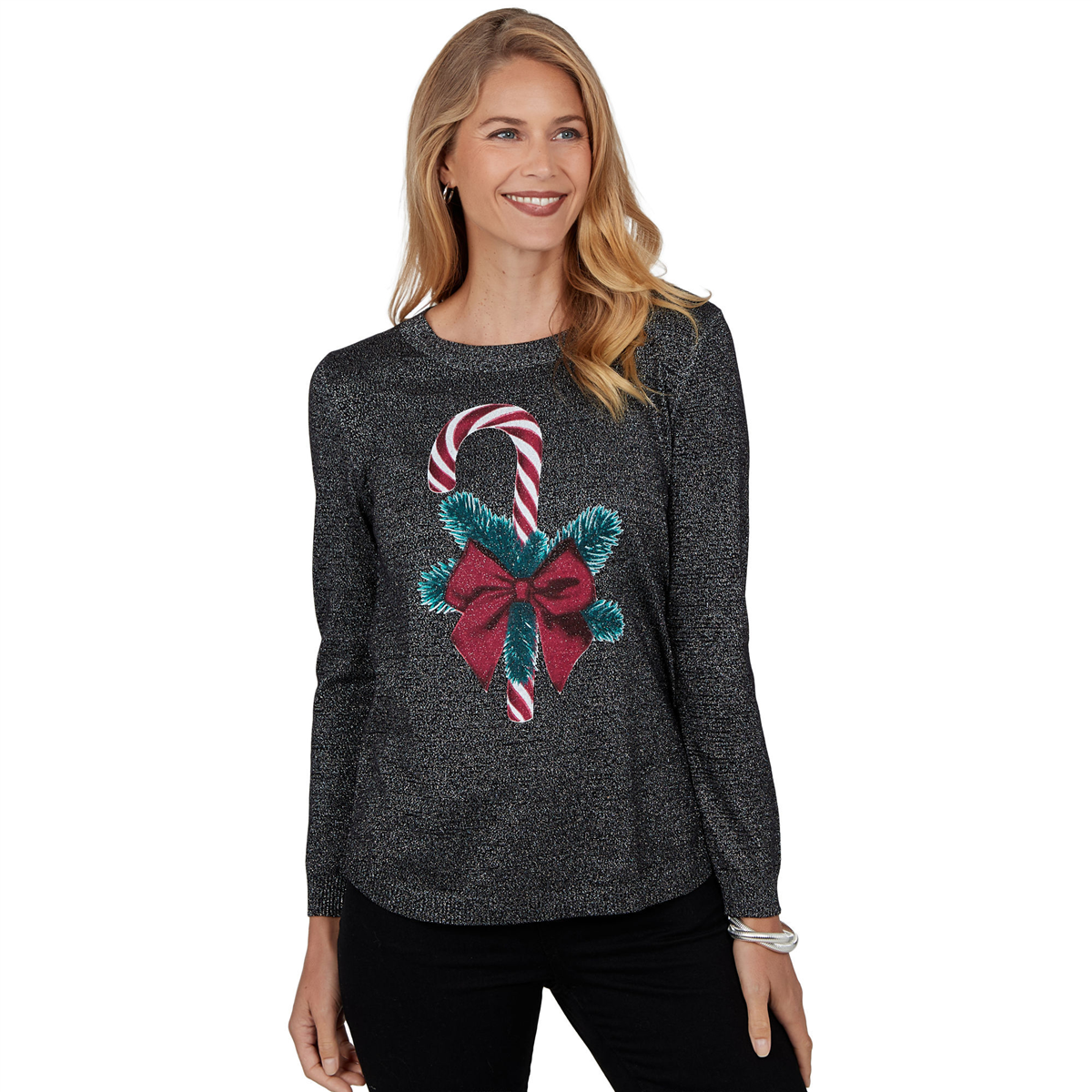 Womens Emaline Holiday Festivities Candy Cane Graphic Sweater
