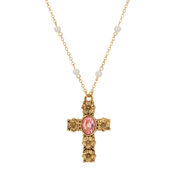 Symbols of Faith Gold-Tone Cross Pink Oval Faux Pearl Necklace - image 